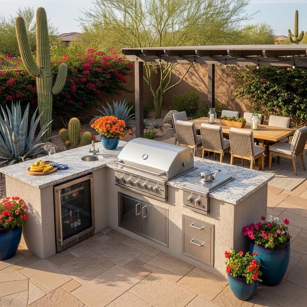 Modern outdoor kitchen in Arizona with grill station and dining area