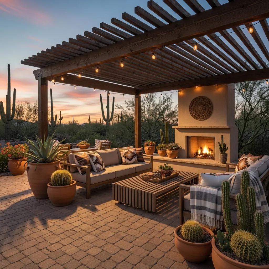 Stylish patio design in Arizona with natural stone flooring and outdoor furniture