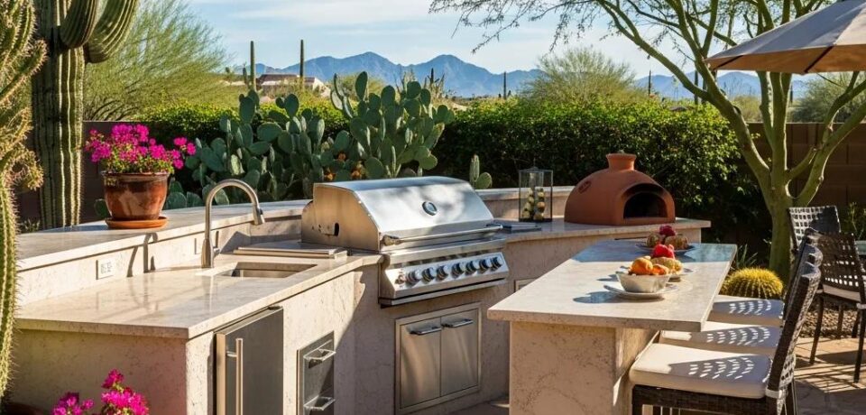 Outdoor kitchen in a Phoenix backyard featuring a grill and natural stone countertops