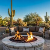 Outdoor fire pit installation in Phoenix showcasing gas and wood-burning options in a desert landscape