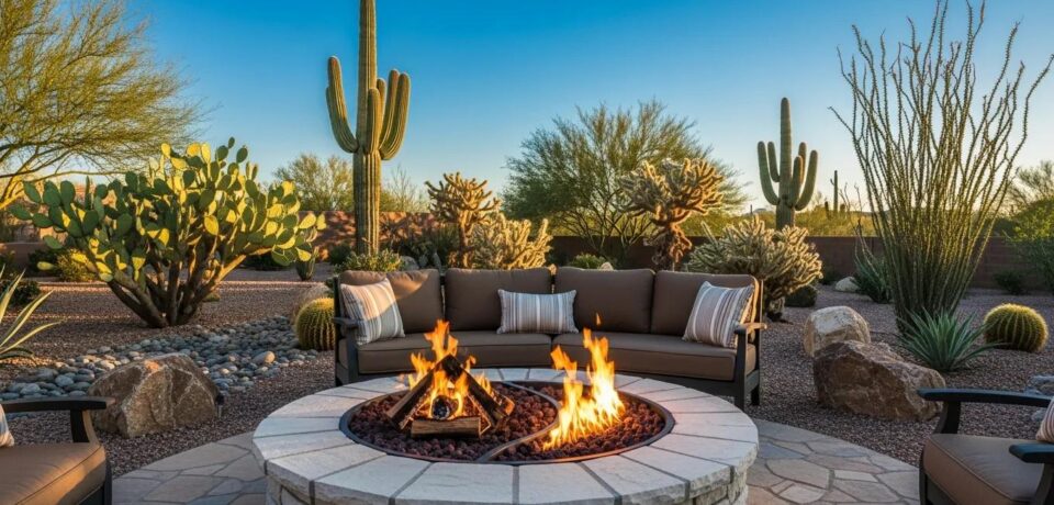 Outdoor fire pit installation in Phoenix showcasing gas and wood-burning options in a desert landscape